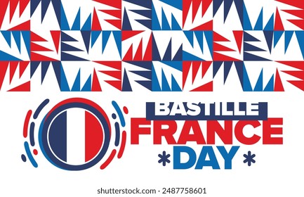 France Bastille Day. National happy holiday, celebrated annual in July 14. French flag. France independence and freedom. Patriotic elements. Festive and parade design. Vector poster illustration