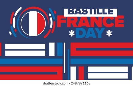 France Bastille Day. National happy holiday, celebrated annual in July 14. French flag. France independence and freedom. Patriotic elements. Festive and parade design. Vector poster illustration