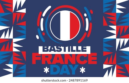 France Bastille Day. National happy holiday, celebrated annual in July 14. French flag. France independence and freedom. Patriotic elements. Festive and parade design. Vector poster illustration