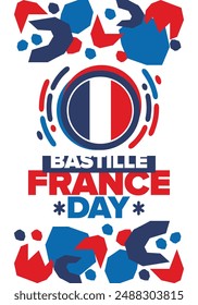 France Bastille Day. National happy holiday, celebrated annual in July 14. French flag. France independence and freedom. Patriotic elements. Festive and parade design. Vector poster illustration