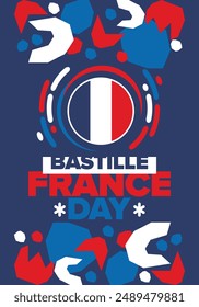 France Bastille Day. National happy holiday, celebrated annual in July 14. French flag. France independence and freedom. Patriotic elements. Festive and parade design. Vector poster illustration