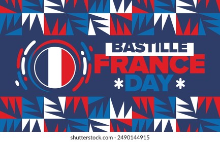 France Bastille Day. National happy holiday, celebrated annual in July 14. French flag. France independence and freedom. Patriotic elements. Festive and parade design. Vector poster illustration