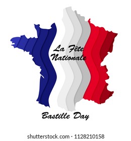 France Bastille Day.  Paper cut style France map with shaped french flag, french text phrase ' La Fête Nationale '  on the  white background.