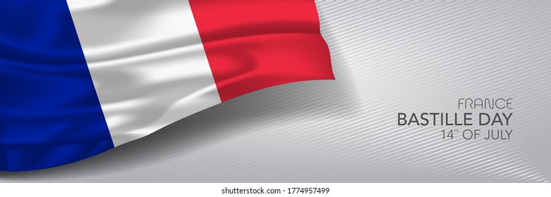 France Bastille day vector banner, greeting card. French wavy flag in 14th of July national patriotic holiday horizontal design