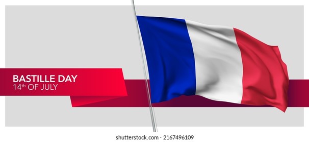 France Bastille day vector banner, greeting card. French wavy flag in 14th of July national patriotic holiday horizontal design with realistic badge