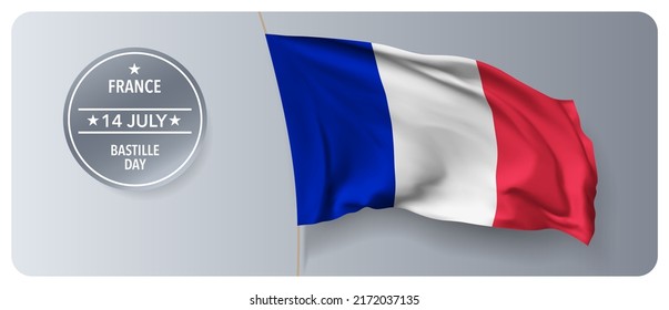 France Bastille day vector banner, greeting card. French wavy flag in 14th of July national patriotic holiday horizontal design