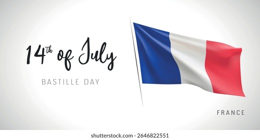 France Bastille day vector banner, greeting card. French wavy flag in 14th of July patriotic holiday horizontal design with realistic flag