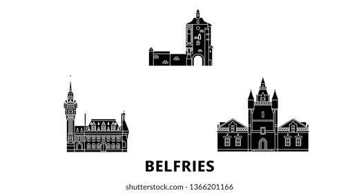 France, Belfries flat travel skyline set. France, Belfries black city vector illustration, symbol, travel sights, landmarks.