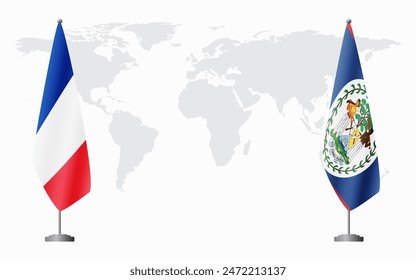 France and Belize flags for official meeting against background of world map.