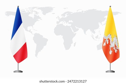 France and Bhutan flags for official meeting against background of world map.