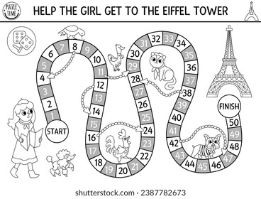 France black and white dice board game for children with tourist girl with map going to Eiffel Tower. French line boardgame with traditional symbols. Printable touristic activity or coloring page