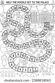 France black and white dice board game for children with poodle going to Luxembourg palace through garden. French line boardgame with cute dog in park. Printable activity or coloring page