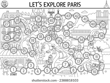 France black and white dice board game for children with Eiffel Tower, castle. French line boardgame with traditional symbols. Printable touristic activity or coloring page
