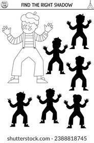 France black and white shadow matching activity. Puzzle with mime in beret and stripy shirt. Find correct silhouette printable line worksheet. Funny French coloring page for kids
