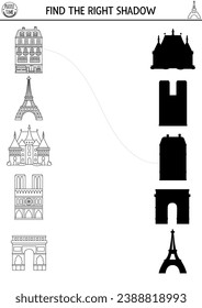 France black and white shadow matching activity. French puzzle with Eiffel Tower, castle, Notre Dame, Triumphal arch. Find correct silhouette printable worksheet. Funny coloring page for kids
