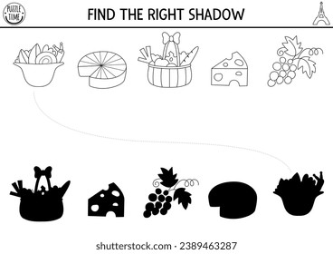 France black and white shadow matching activity. Puzzle with traditional French food. Find correct silhouette printable worksheet. Funny coloring page for kids with cheese, escargot, mussels
