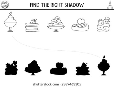 Actividad de coincidencia de sombras en blanco y negro en Francia. Rompecabezas con los postres tradicionales franceses. Buscar una hoja de cálculo de línea imprimible de silueta correcta. Página de colores divertidos para niños con eclair, profiterole