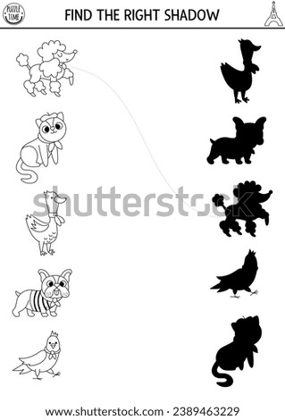 France black and white shadow matching activity. Puzzle with traditional French animals and birds. Find correct silhouette printable worksheet. Funny coloring page for kids with poodle, bulldog