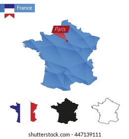 France blue Low Poly map with capital Paris, four versions of map. Vector Illustration.