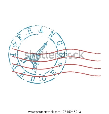 France blue postmark stamp with Eiffel Tower and red postal cancellation lines