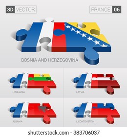 France and Bosnia and Herzegovina, Lithuania, Latvia, Albania, Liechtenstein Flag. 3d vector puzzle. Set 06.