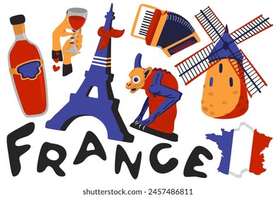 France. Bright vector set of french symbols. Red wine, Eiffel tower, gargoyle, accordion, windmill.