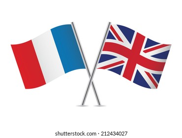 France and Britain crossed flags. French and British flags on white background. Vector illustration.