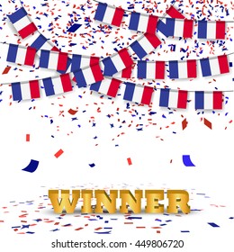 France Bunting flag with winner word and soccer ball with confetti  to celebrate concept, This design for football template , banner in vector illustration