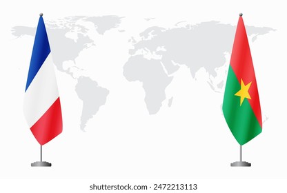 France and Burkina Faso flags for official meeting against background of world map.