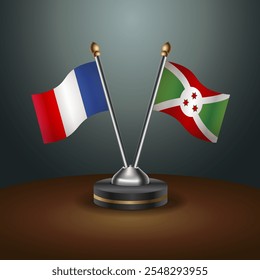 Frankreich und Burundi Tischfahnen Beziehung mit Farbverlauf-Hintergrund. Vektorgrafik