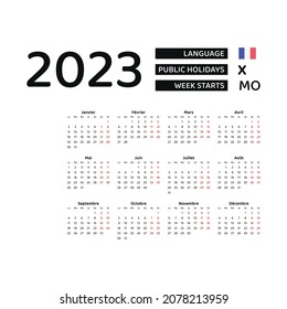 France calendar 2023. Week starts from Monday. Vector graphic design. French language.