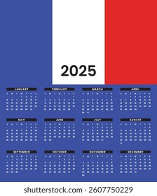 France calendar of 2025 stock vector.