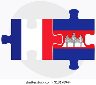 France and Cambodia Flags in puzzle  isolated on white background
