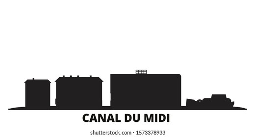 France, Canal Du Midi city skyline isolated vector illustration. France, Canal Du Midi travel black cityscape