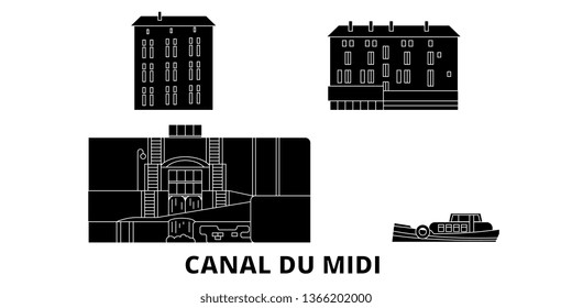 France, Canal Du Midi  flat travel skyline set. France, Canal Du Midi  black city vector illustration, symbol, travel sights, landmarks.