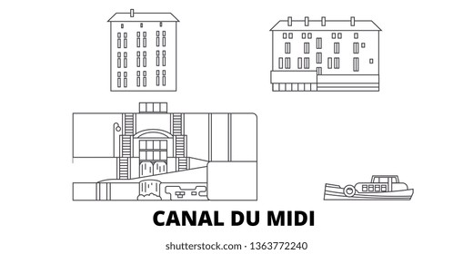 France, Canal Du Midi  line travel skyline set. France, Canal Du Midi  outline city vector illustration, symbol, travel sights, landmarks.