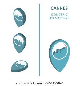 France Cannes 3D vector logo set. Isometric map pin, geolocation pointer, modern skyline icon, concept, isolated graphic