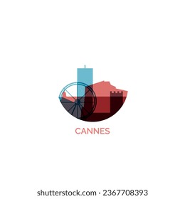 France Cannes city cityscape skyline capital panorama vector flat modern logo icon. French Riviera town emblem idea with landmarks and building silhouettes