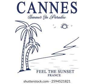 France Cannes Summer In Paradise Feel the sunset slogan tee typography print design. Vector t-shirt graphic or other uses.