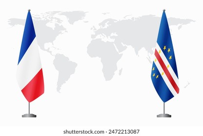 France and Cape Verde flags for official meeting against background of world map.