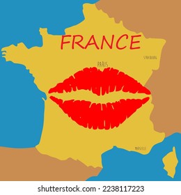 France. Card symbol of love and french kiss