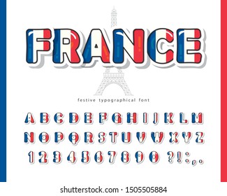 France cartoon font. French national flag colors. Paper cutout glossy ABC letters and numbers. Bright alphabet for tourism design. Eiffel tower silhouette. Vector illustration