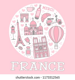 France cartoon travel vector map, French symbols and other, decorative poster flat style for design tourism
