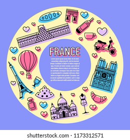 France cartoon travel vector map, French symbols and other, decorative poster flat style for design tourism