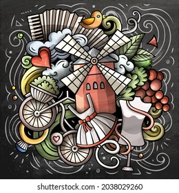 France cartoon vector doodle chalkboard illustration. Colorful detailed composition with lot of French objects and symbols.