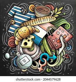 France cartoon vector doodle chalkboard illustration. Colorful detailed composition with lot of French objects and symbols.