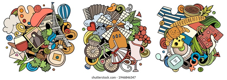 France cartoon vector doodle designs set. Colorful detailed compositions with lot of French objects and symbols. Isolated on white illustrations