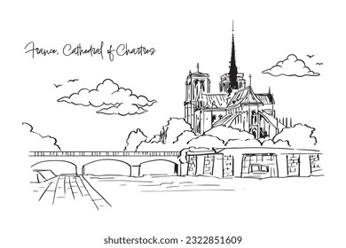 Frankreich, Kathedrale von Chartres mit Konzept der Handzeichnung, Druck, Doodle, Vektorgrafik (Vektorgrafik)