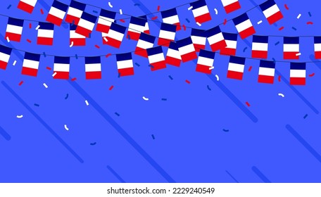 France celebration bunting flags with confetti and ribbons on blue background. vector illustration.