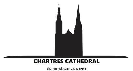 France, Chartres Cathedral Landmark city skyline isolated vector illustration. France, Chartres Cathedral Landmark travel black cityscape